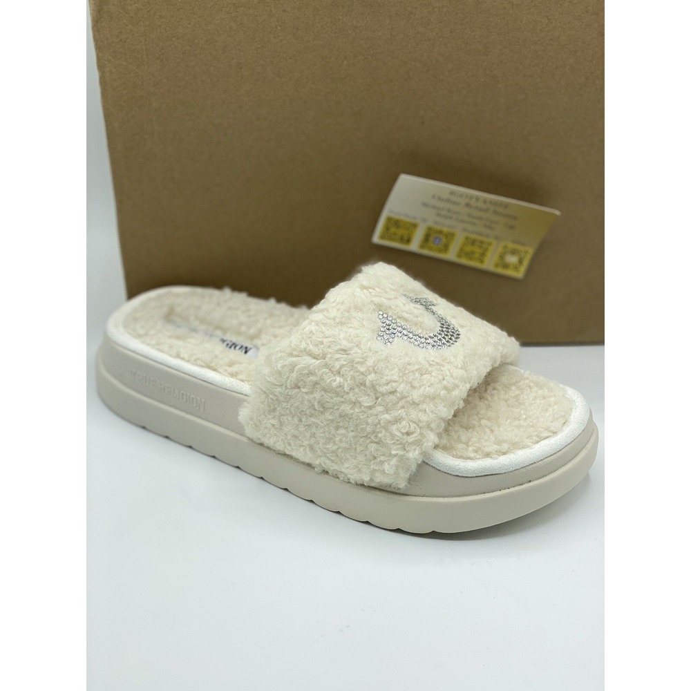 True Religion Lamia Fuzzy Chunky Bling Slides Women's 8 • New w/o Box • White